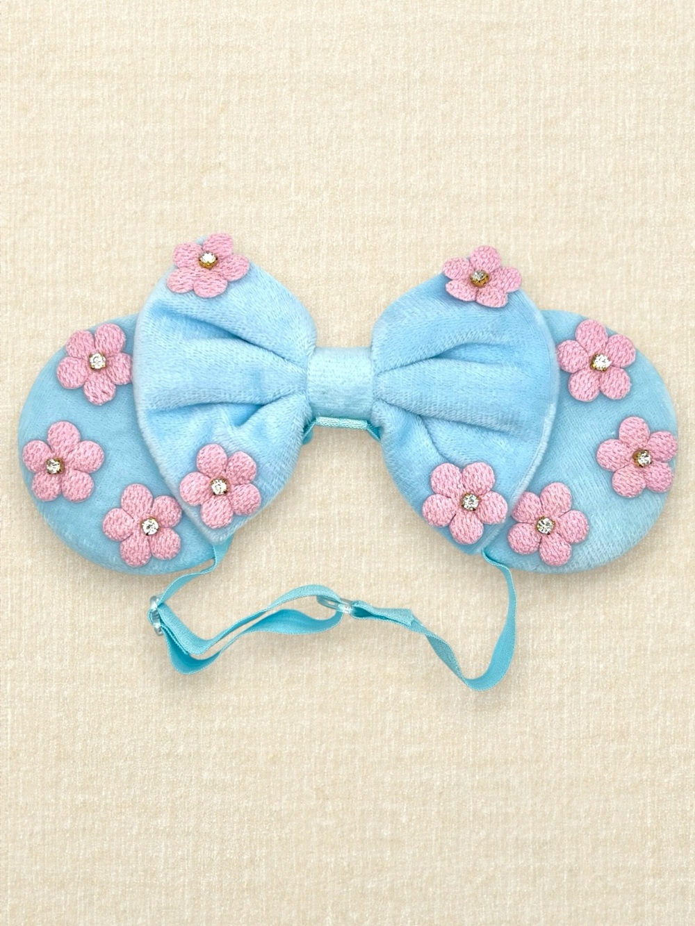Elastic Pastel Blue Velvet Pink Floral Minnie Ears | Disney-Inspired Mouse Ears